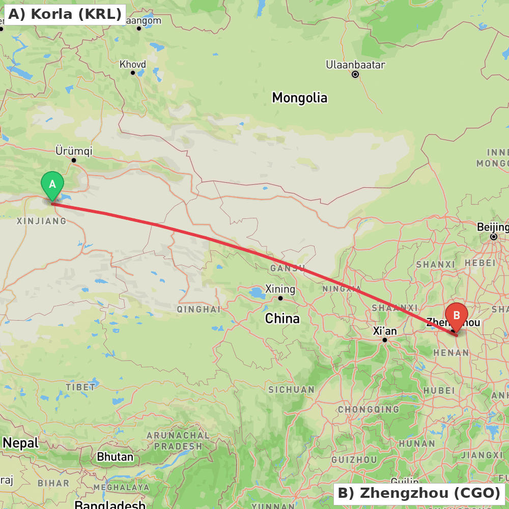 Flight route map from Korla to Zhengzhou