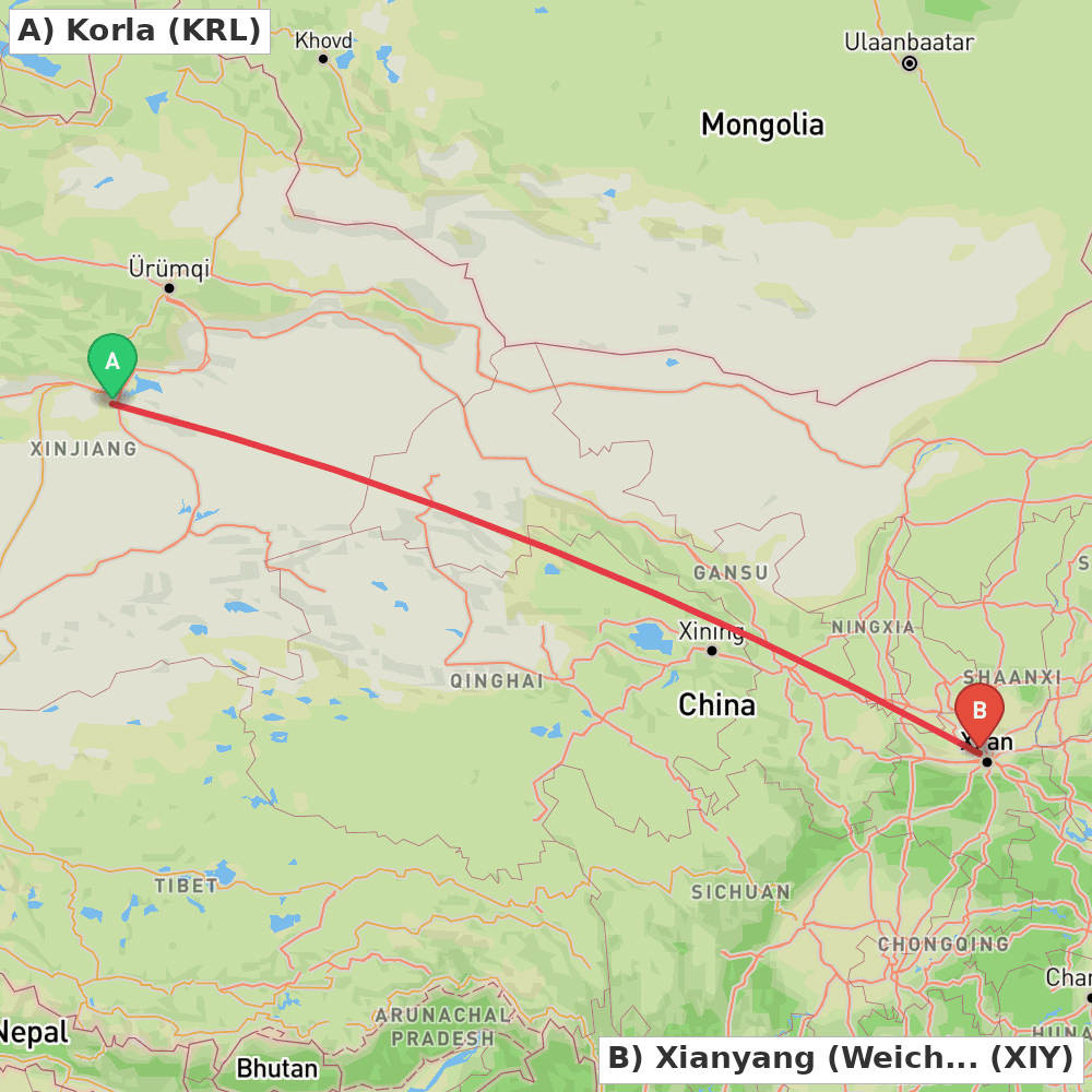 Flight route map from Korla to Xianyang (Weicheng)