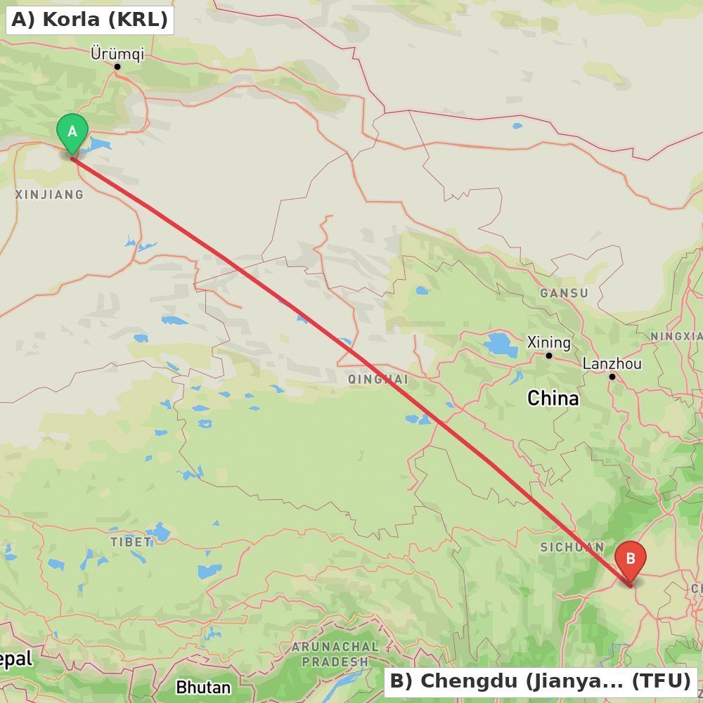 Flight route map from Korla to Chengdu (Jianyang)