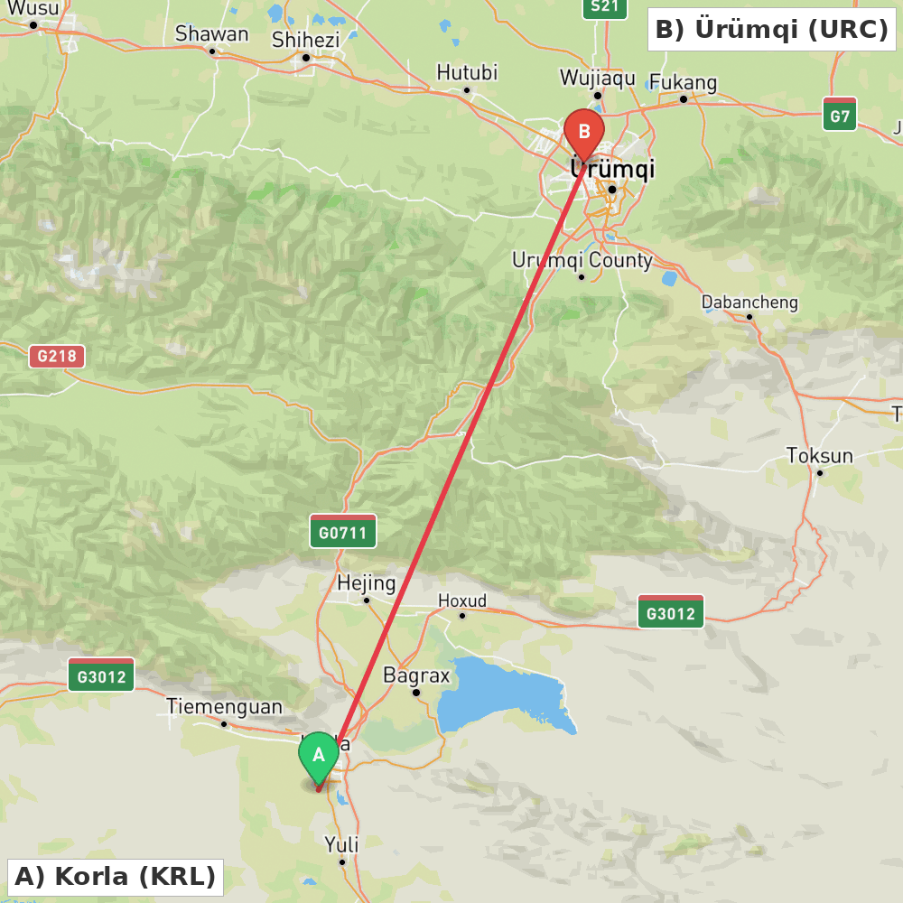 Flight route map from Korla to Ürümqi