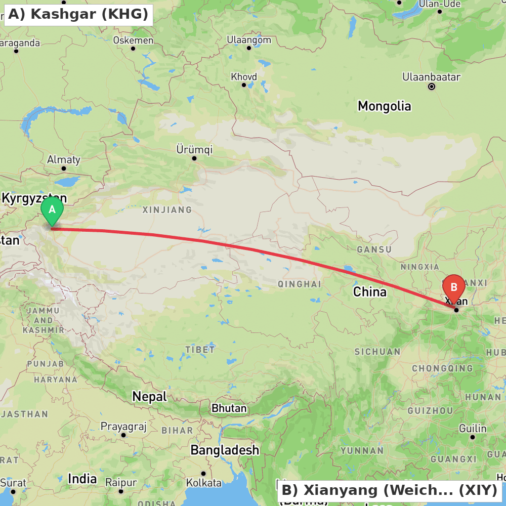 Flight route map from Kashgar to Xianyang (Weicheng)