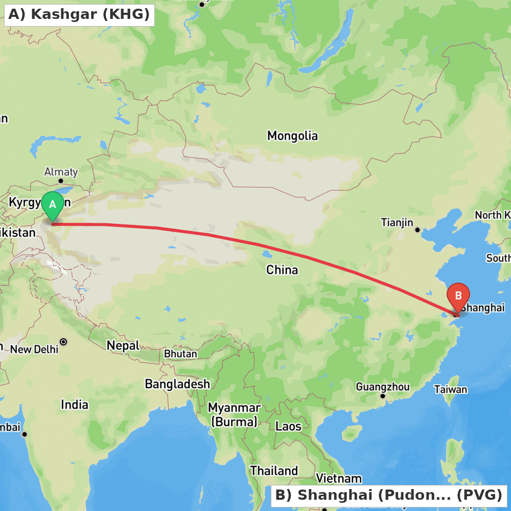 Flight route map from Kashgar to Shanghai (Pudong)