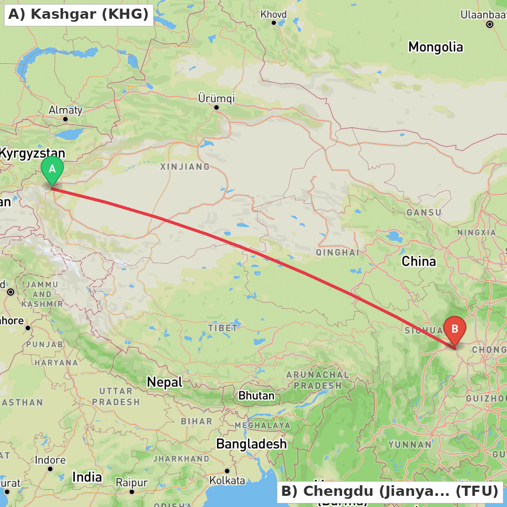 Flight route map from Kashgar to Chengdu (Jianyang)
