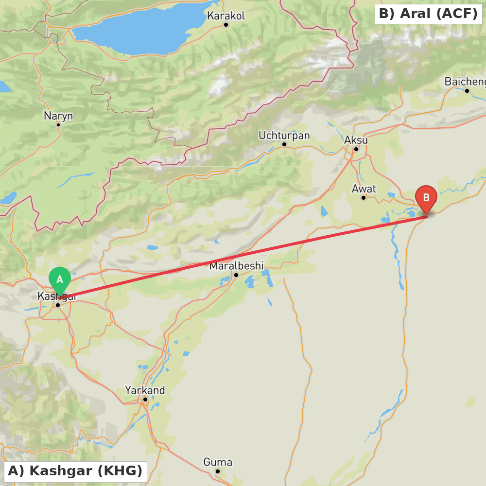 Flight route map from Kashgar to Aral