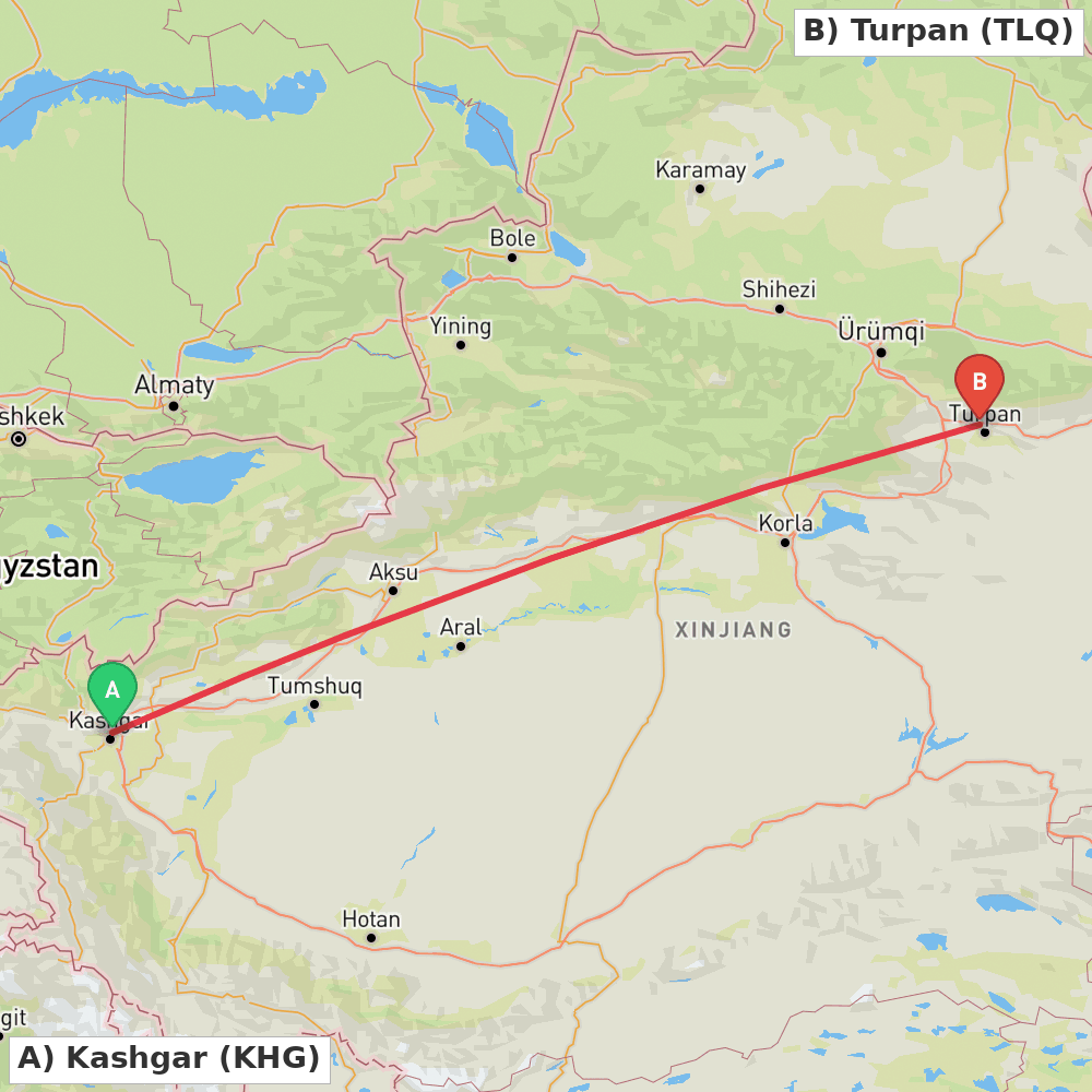 Flight route map from Kashgar to Turpan
