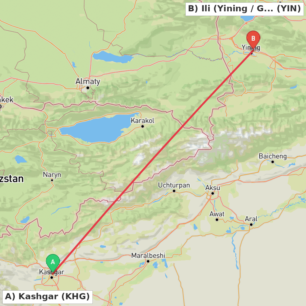 Flight route map from Kashgar to Ili (Yining / Ghulja)