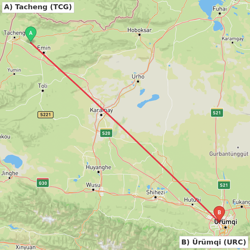 Flight route map from Tacheng to Ürümqi