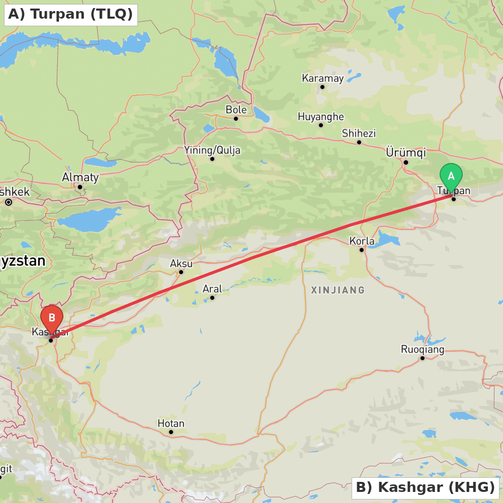Flight route map from Turpan to Kashgar