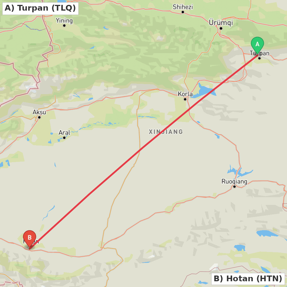 Flight route map from Turpan to Hotan