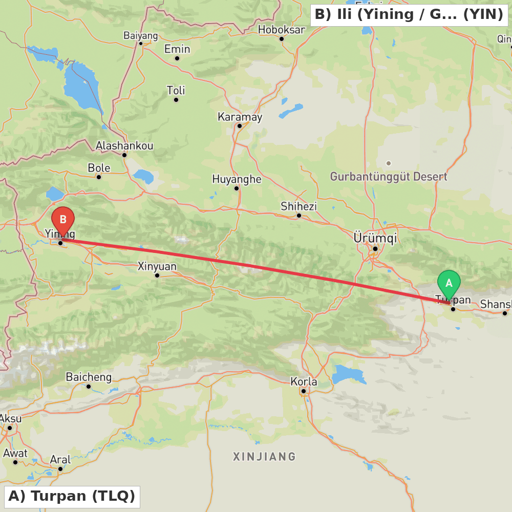 Flight route map from Turpan to Ili (Yining / Ghulja)