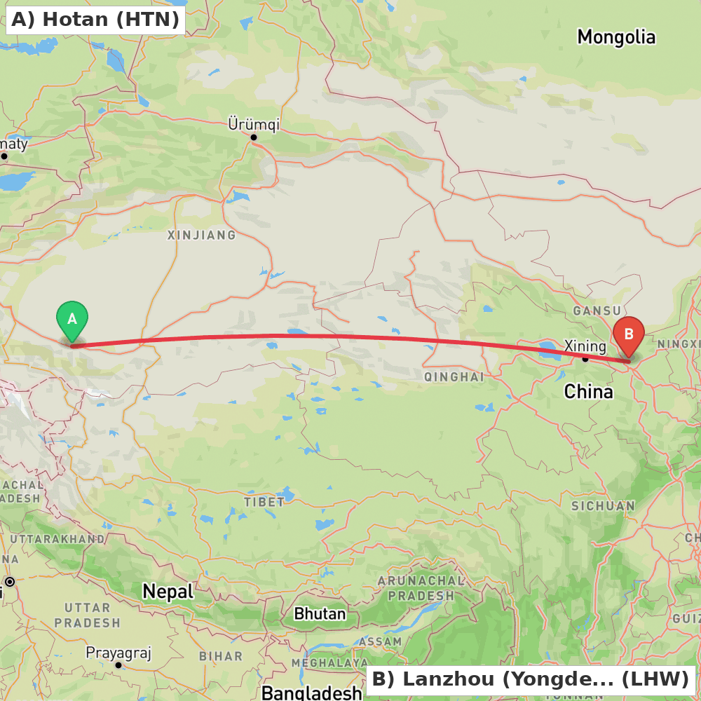 Flight route map from Hotan to Lanzhou (Yongdeng)