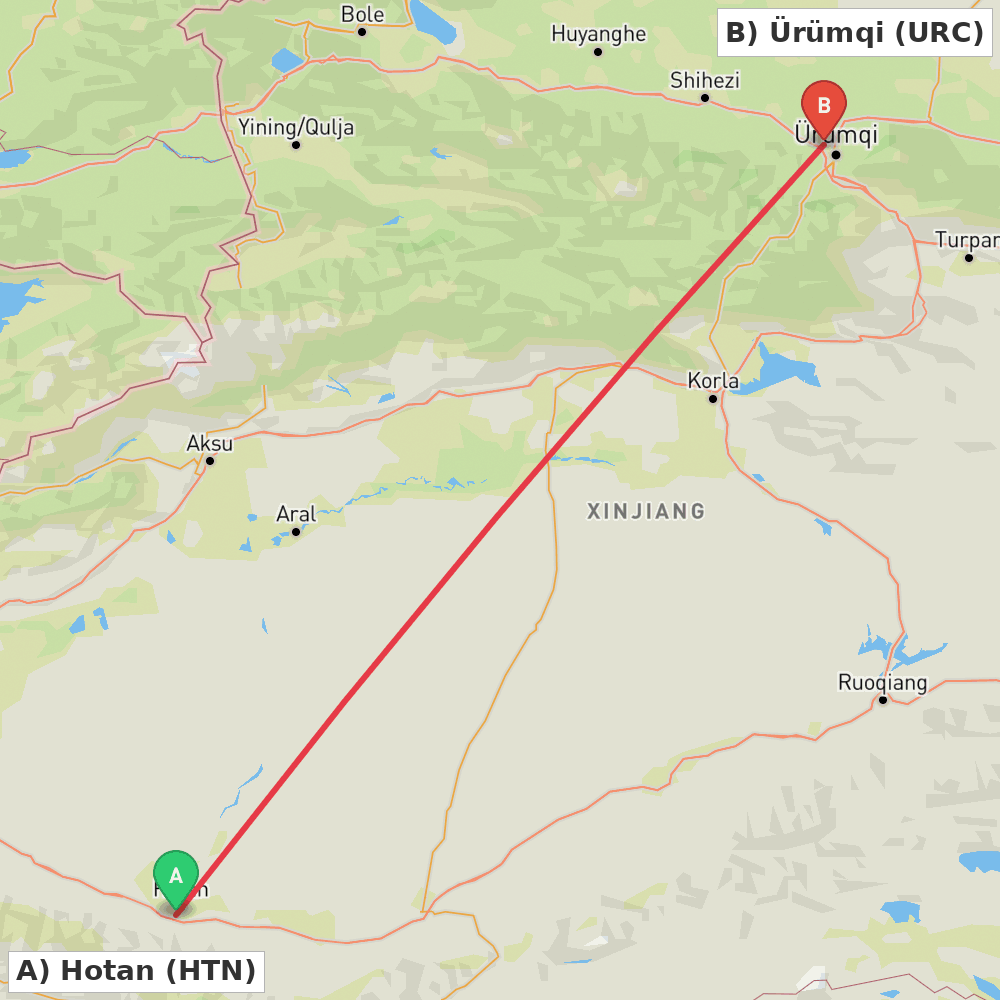 Flight route map from Hotan to Ürümqi