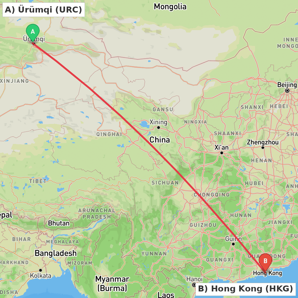 Flight route map from Ürümqi to Hong Kong