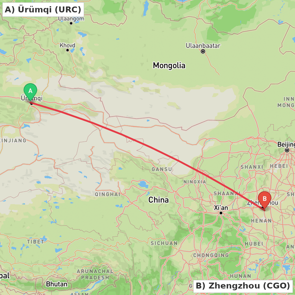 Flight route map from Ürümqi to Zhengzhou