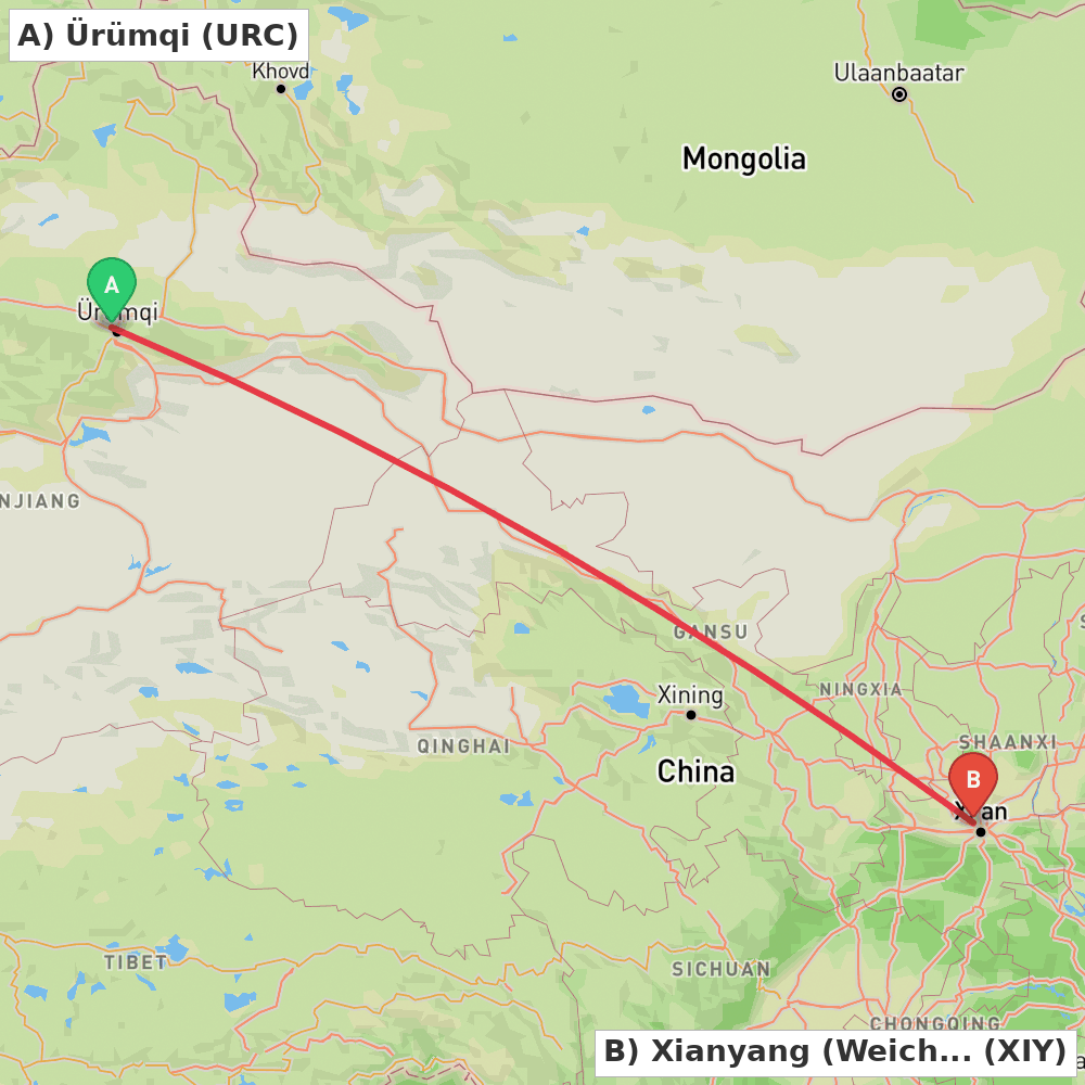 Flight route map from Ürümqi to Xianyang (Weicheng)