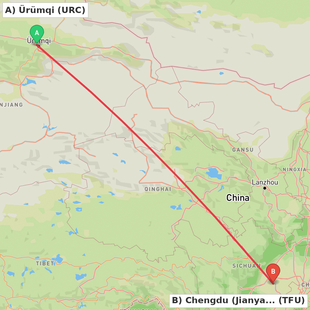 Flight route map from Ürümqi to Chengdu (Jianyang)