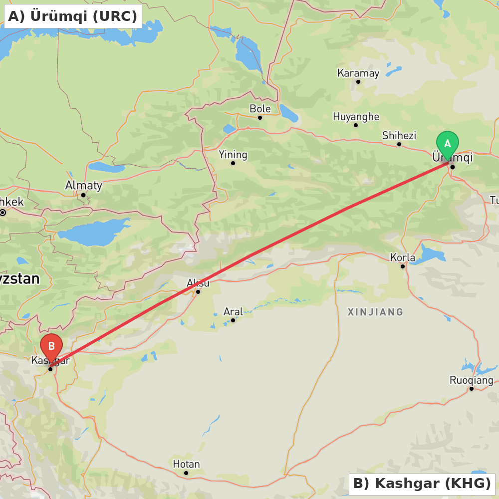 Flight route map from Ürümqi to Kashgar
