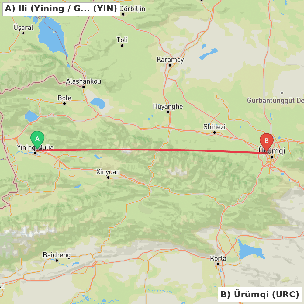 Flight route map from Ili (Yining / Ghulja) to Ürümqi
