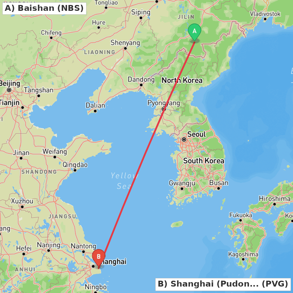 Flight route map from Baishan to Shanghai (Pudong)