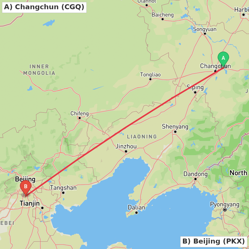 Flight route map from Changchun to Beijing
