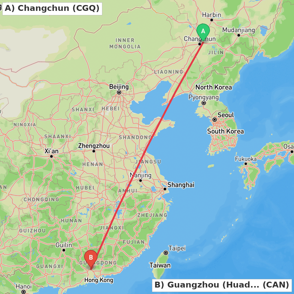 Flight route map from Changchun to Guangzhou (Huadu)