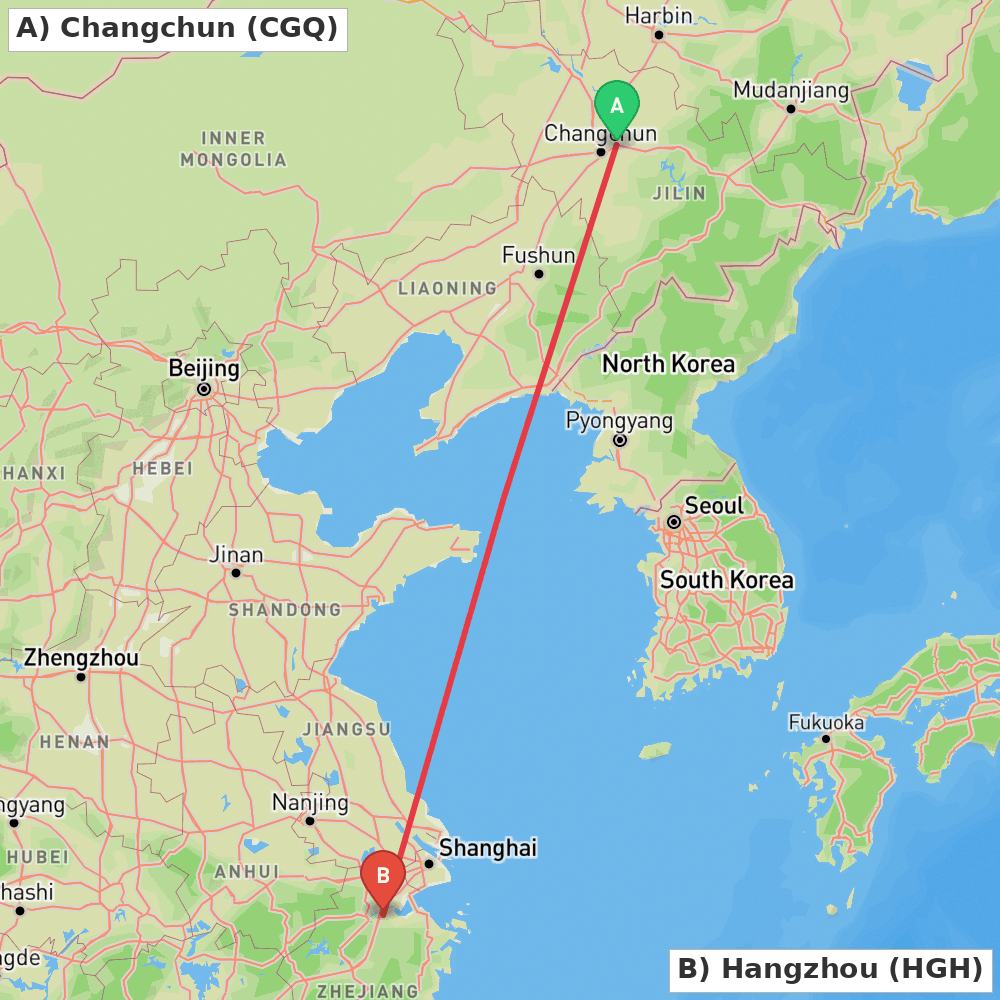 Flight route map from Changchun to Hangzhou