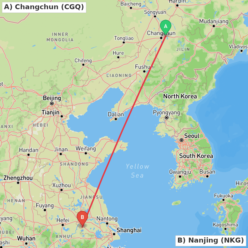 Flight route map from Changchun to Nanjing