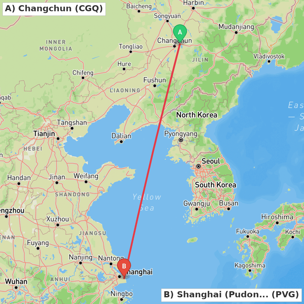 Flight route map from Changchun to Shanghai (Pudong)