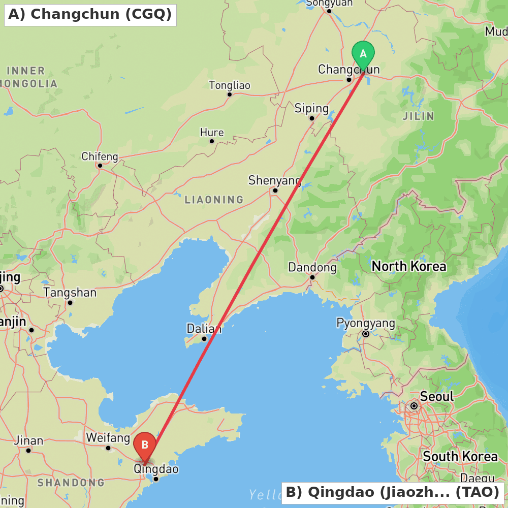 Flight route map from Changchun to Qingdao (Jiaozhou)