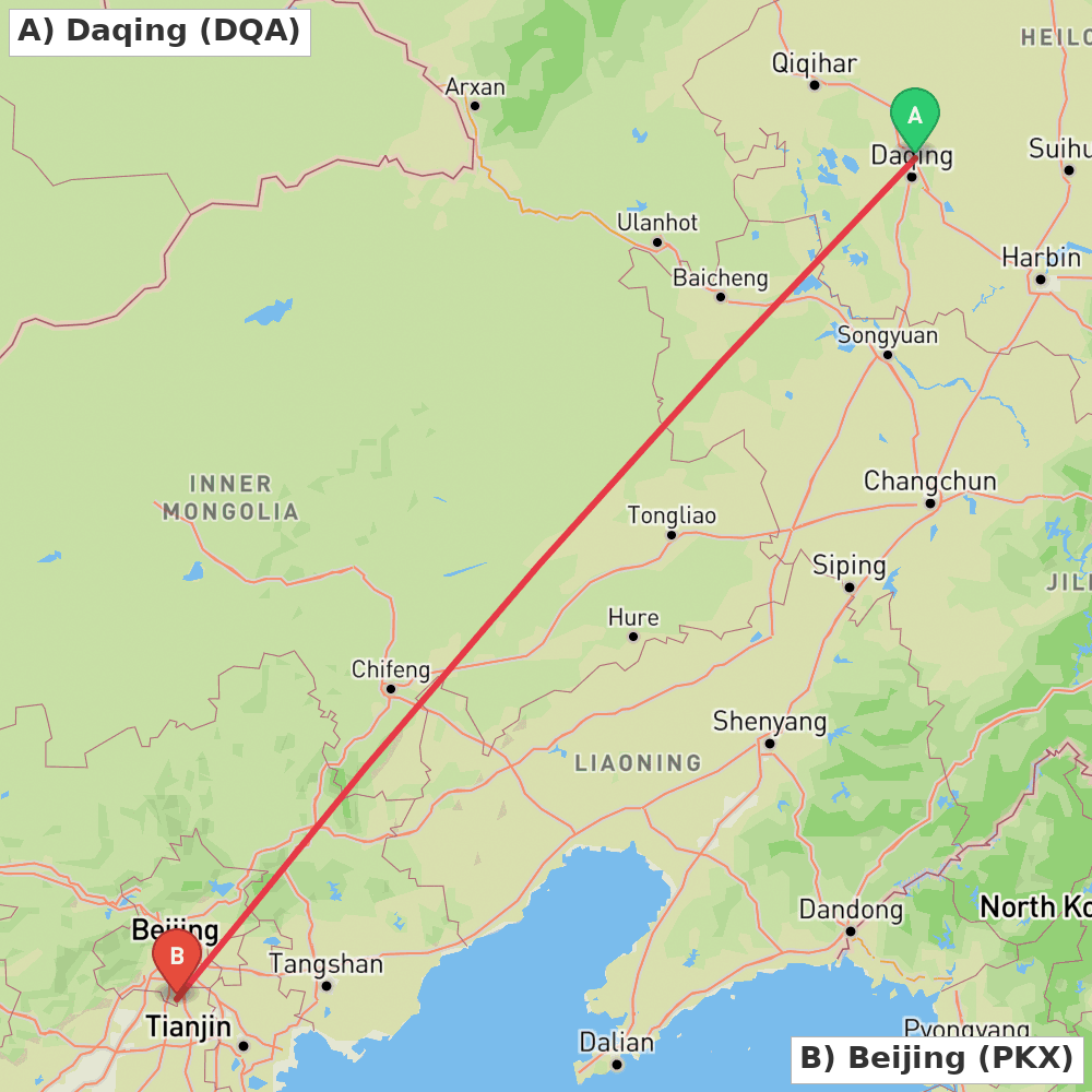 Flight route map from Daqing to Beijing