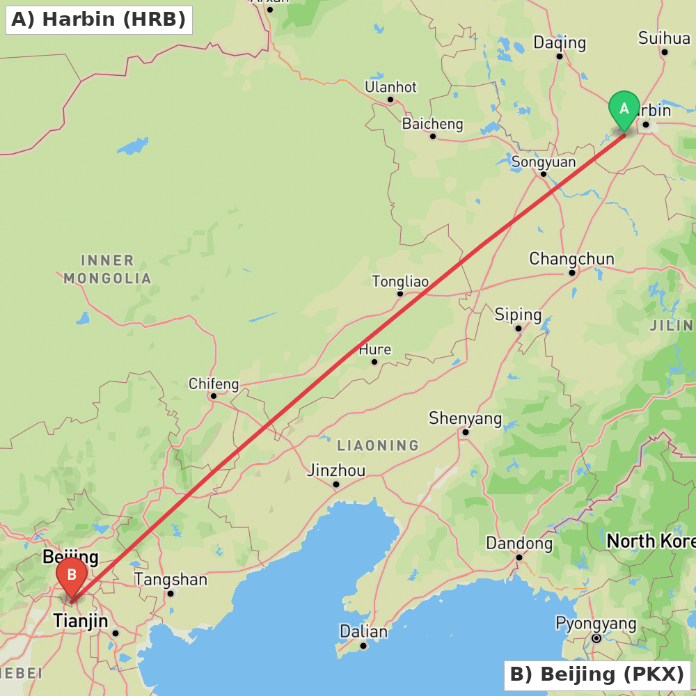 Flight route map from Harbin to Beijing