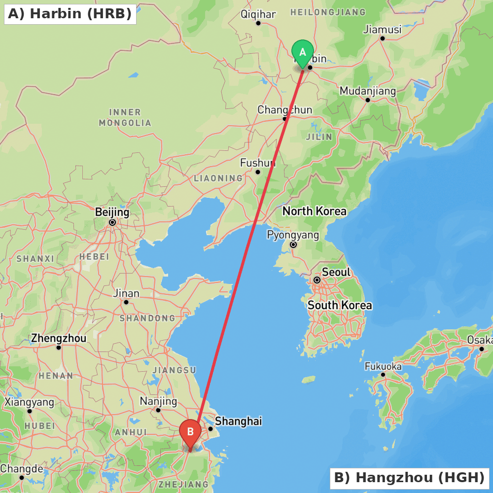 Flight route map from Harbin to Hangzhou