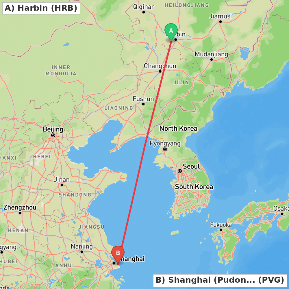 Flight route map from Harbin to Shanghai (Pudong)