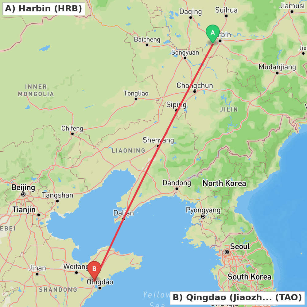 Flight route map from Harbin to Qingdao (Jiaozhou)
