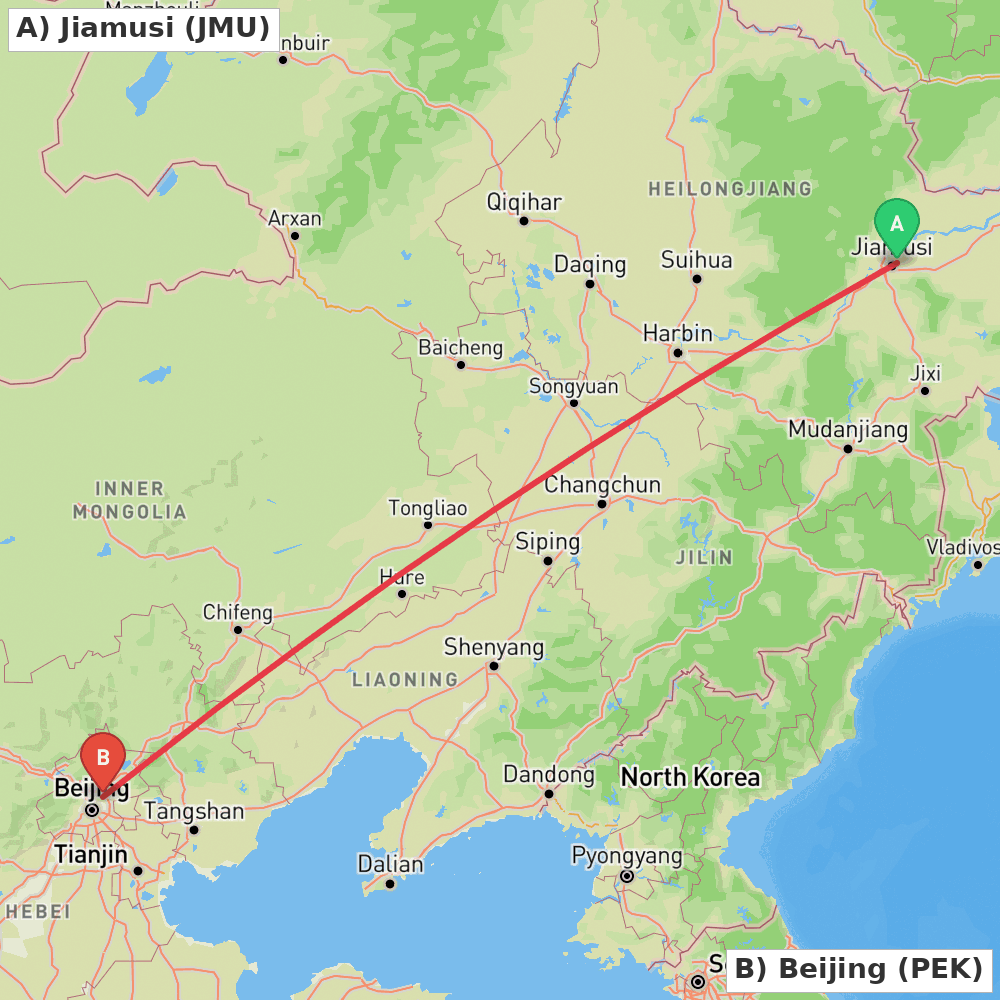 Flight route map from Jiamusi to Beijing