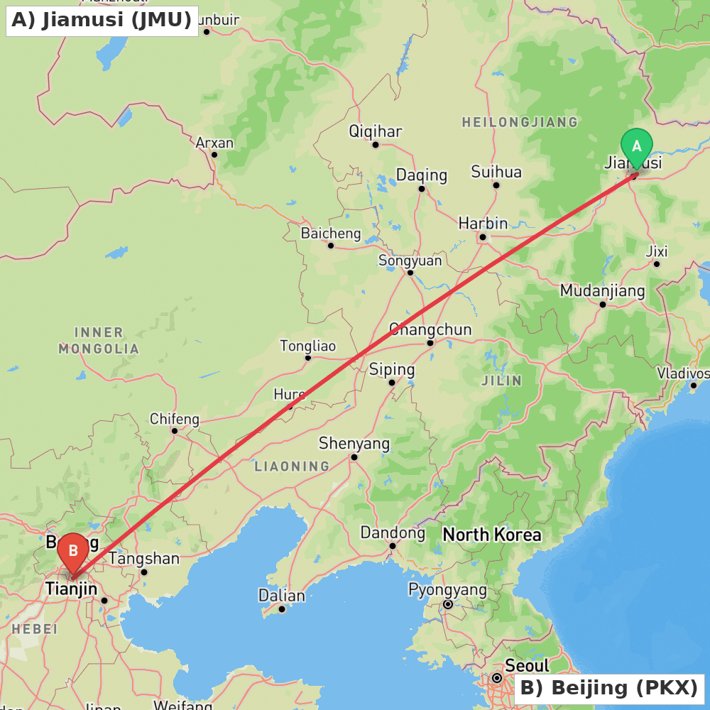 Flight route map from Jiamusi to Beijing