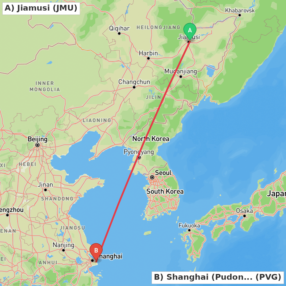 Flight route map from Jiamusi to Shanghai (Pudong)