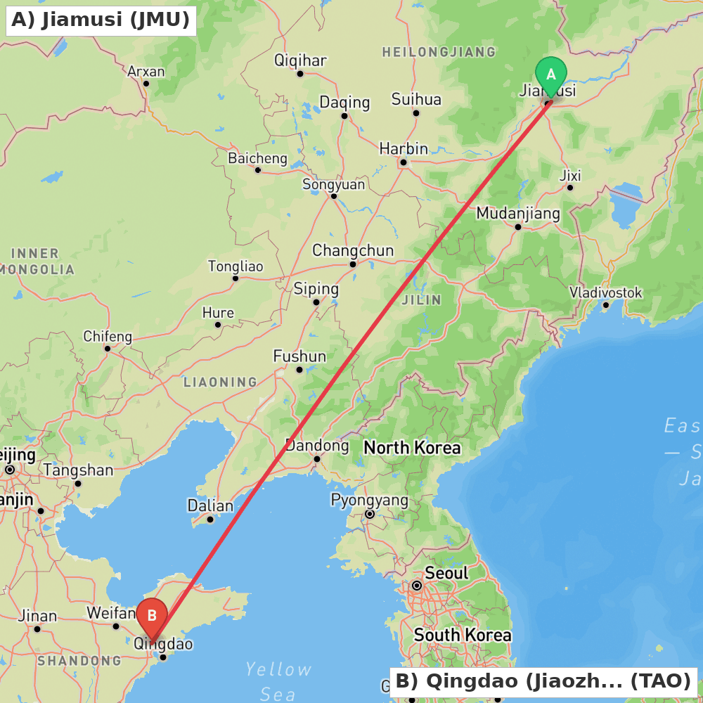 Flight route map from Jiamusi to Qingdao (Jiaozhou)