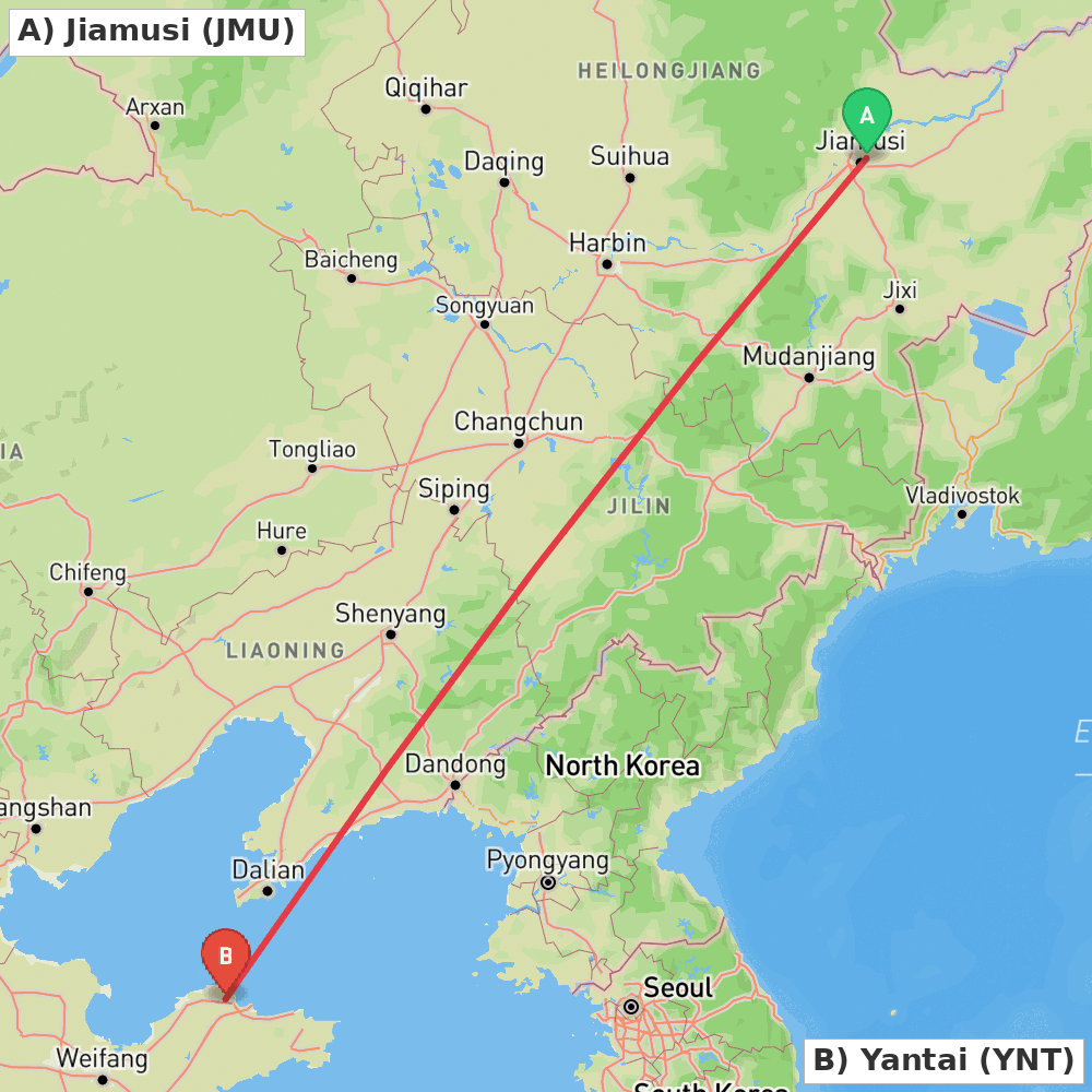 Flight route map from Jiamusi to Yantai