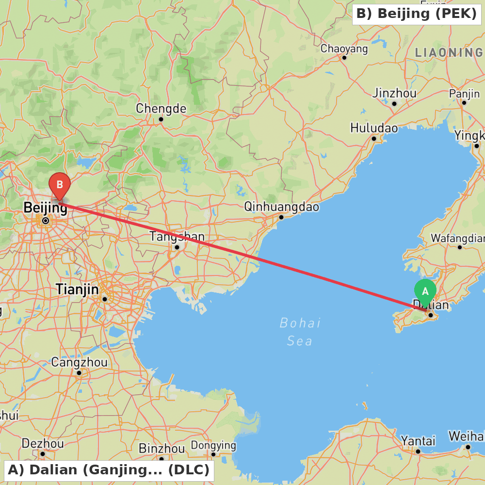 Flight route map from Dalian (Ganjingzi) to Beijing