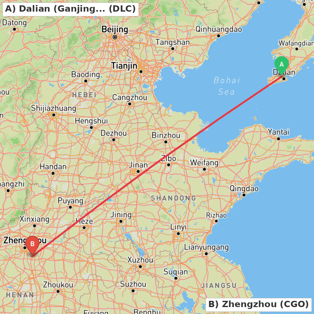 Flight route map from Dalian (Ganjingzi) to Zhengzhou