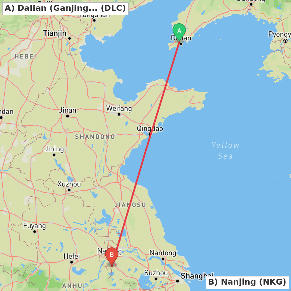 Flight route map from Dalian (Ganjingzi) to Nanjing