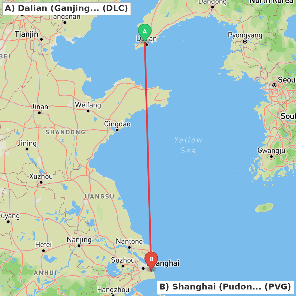 Flight route map from Dalian (Ganjingzi) to Shanghai (Pudong)