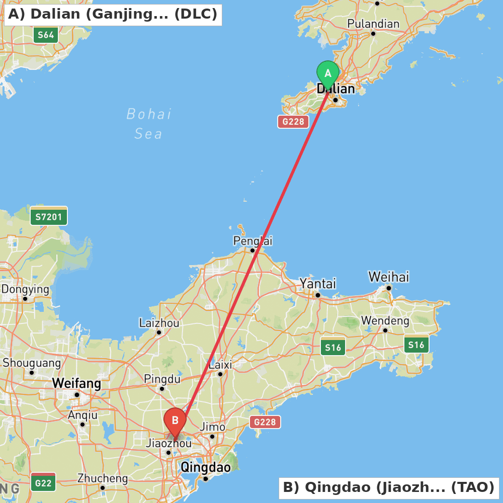 Flight route map from Dalian (Ganjingzi) to Qingdao (Jiaozhou)