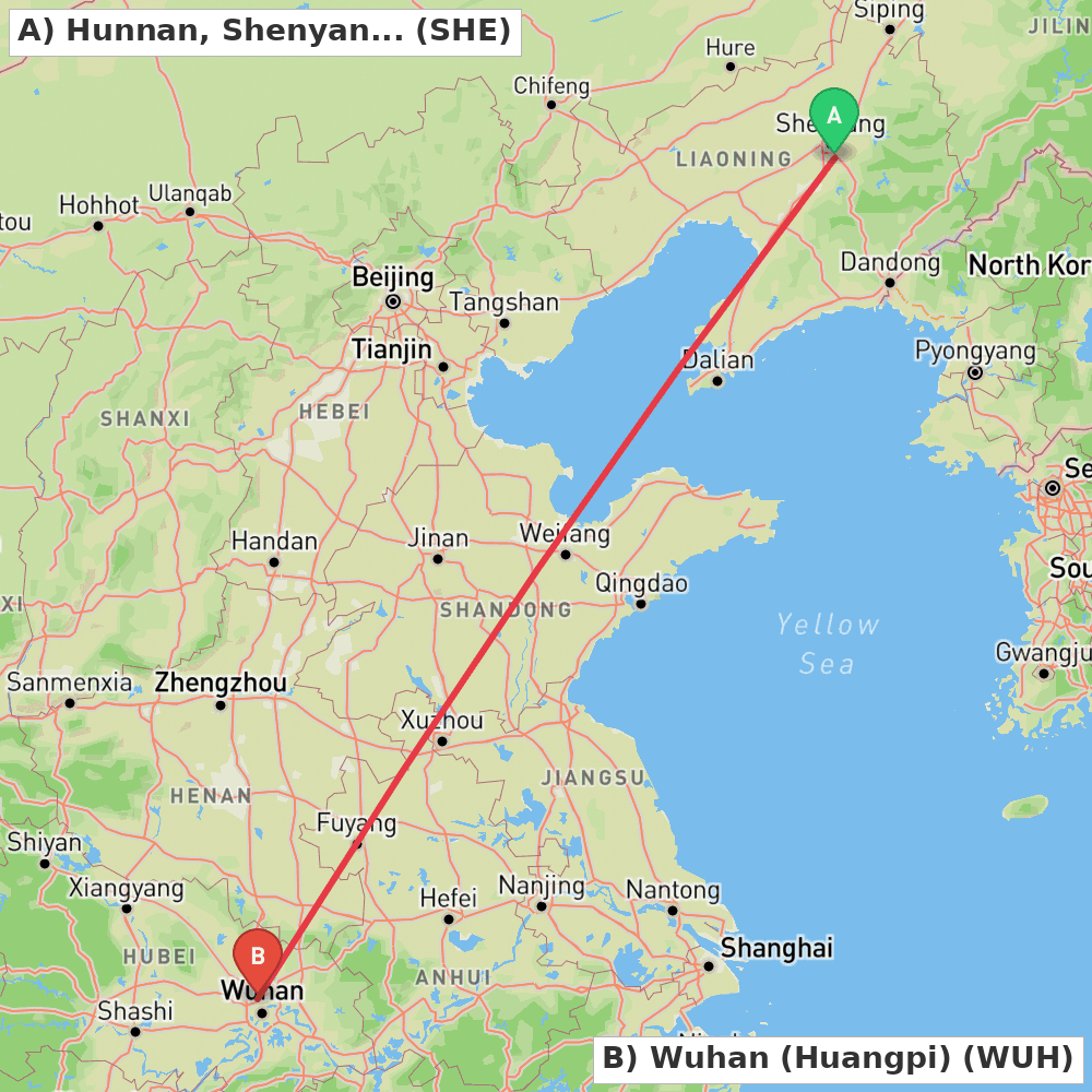 Flight route map from Hunnan, Shenyang to Wuhan (Huangpi)