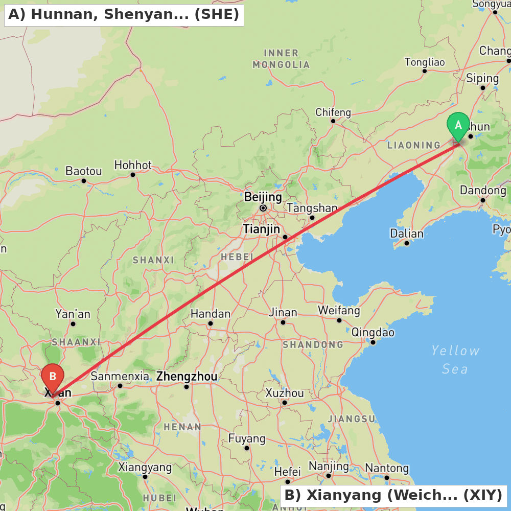 Flight route map from Hunnan, Shenyang to Xianyang (Weicheng)