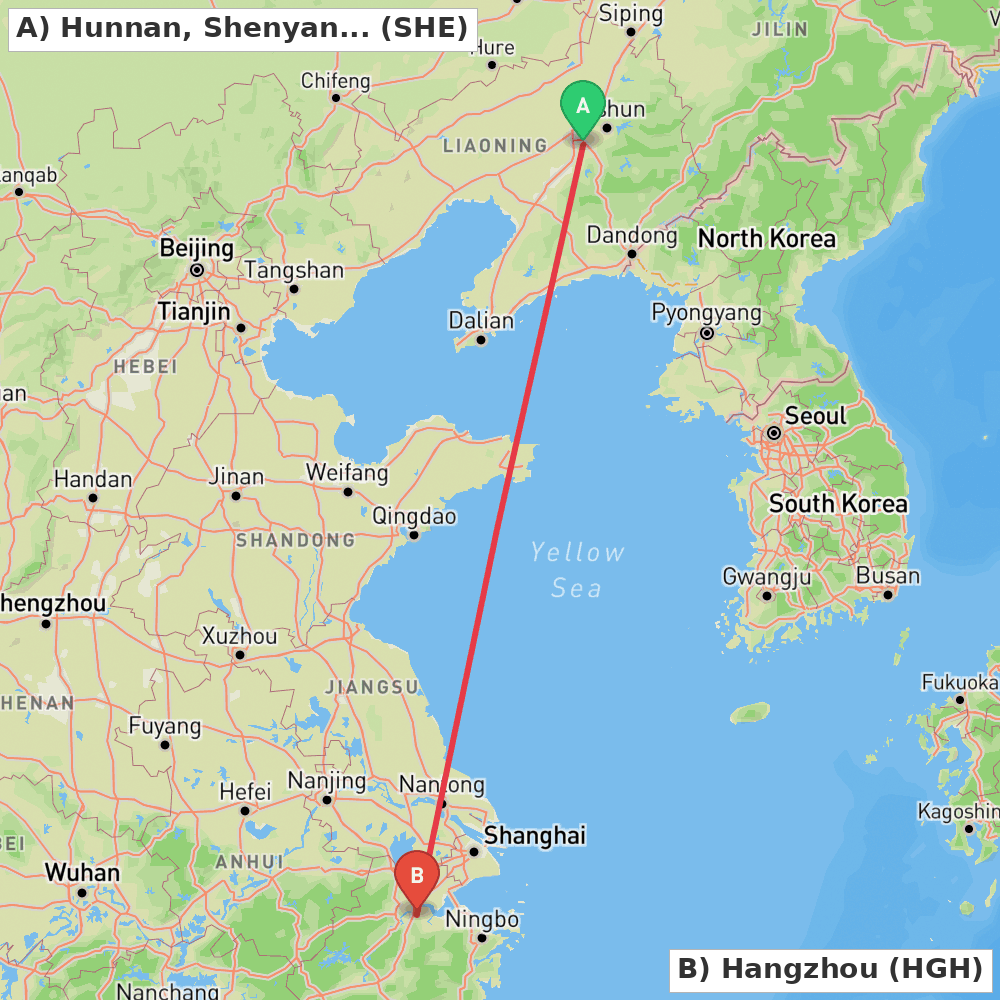 Flight route map from Hunnan, Shenyang to Hangzhou