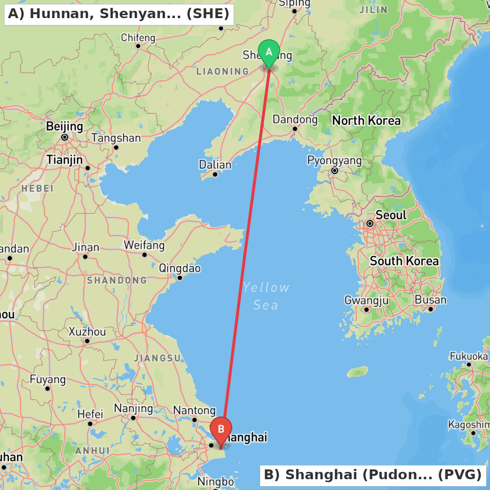 Flight route map from Hunnan, Shenyang to Shanghai (Pudong)