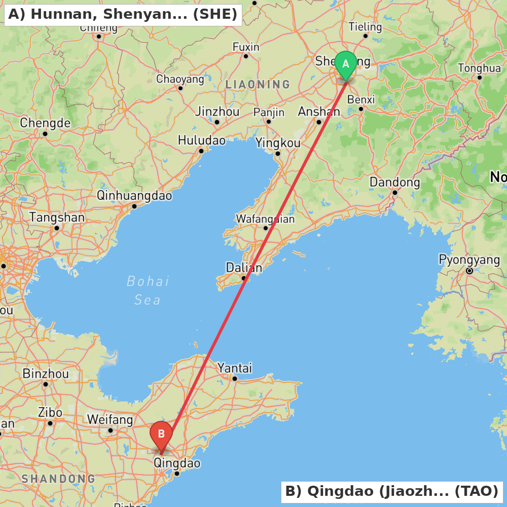 Flight route map from Hunnan, Shenyang to Qingdao (Jiaozhou)