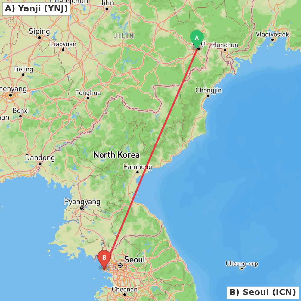 Flight route map from Yanji to Seoul